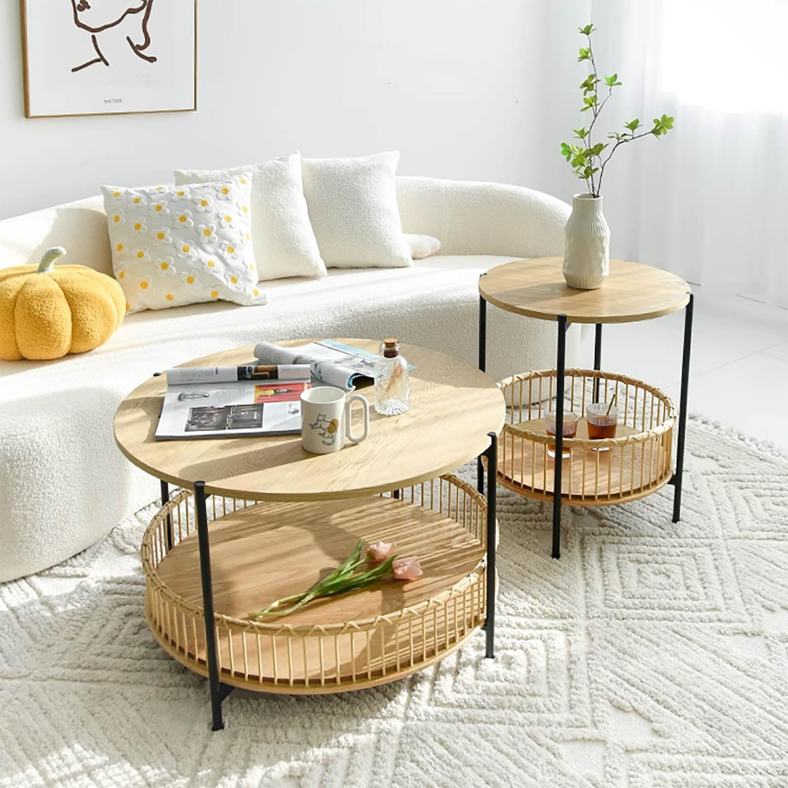 値下げ！美品 コーヒーテーブル 円形 木製 スチール 下段丸棚付き ローテーブル 美品 コーヒーテーブル 円形 木製 スチール 下段丸棚付き ローテーブル