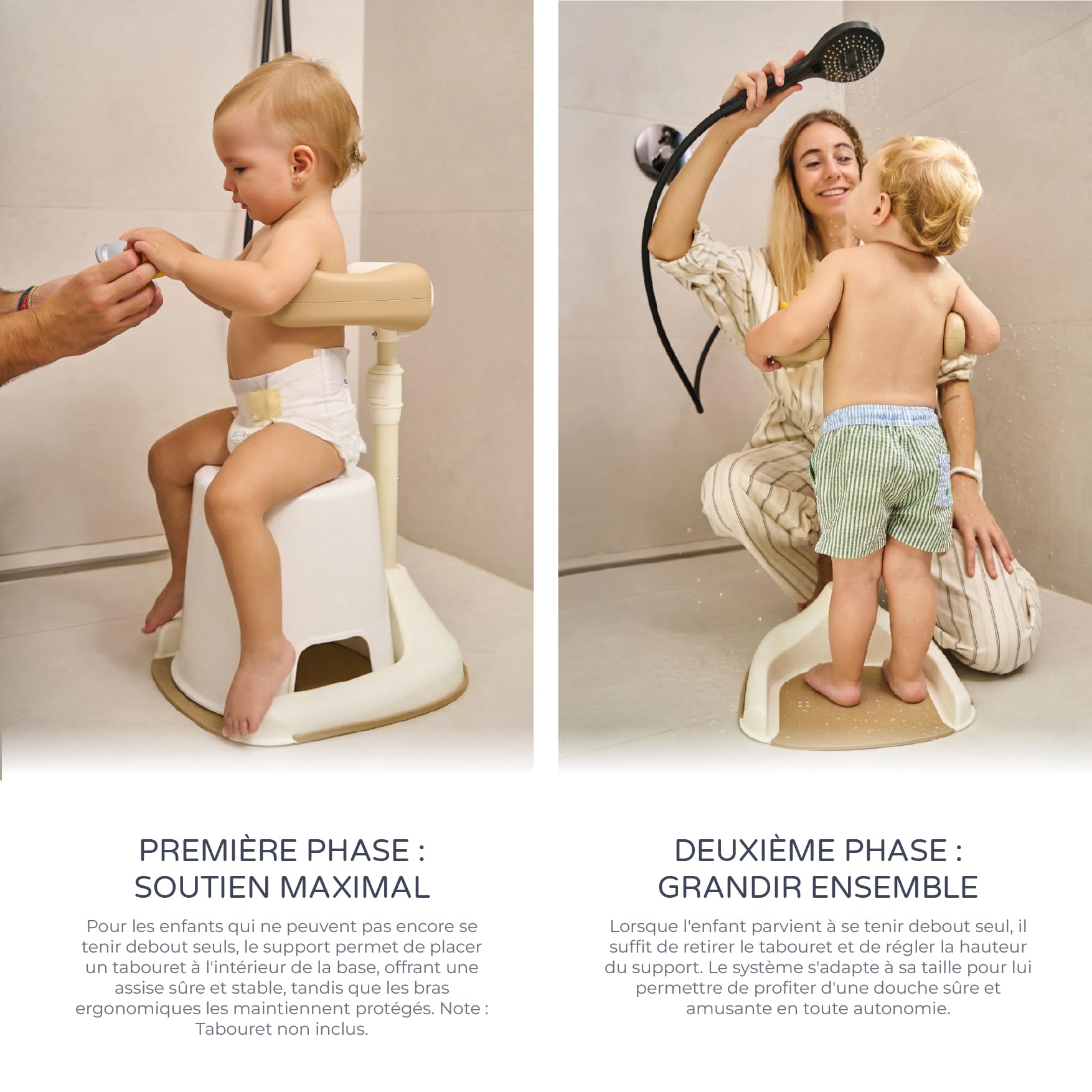 Ms BabyWorld Support de bain et douche pour bébé pliable avec base antidérapante, hauteur et largeur réglables, Beige