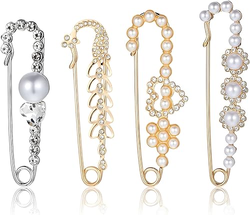 Broche de 4 piezas para suéter, chal, sombrero, alfileres decorativos de seguridad, broches de hebilla de ropa, broches y alfileres de perlas de