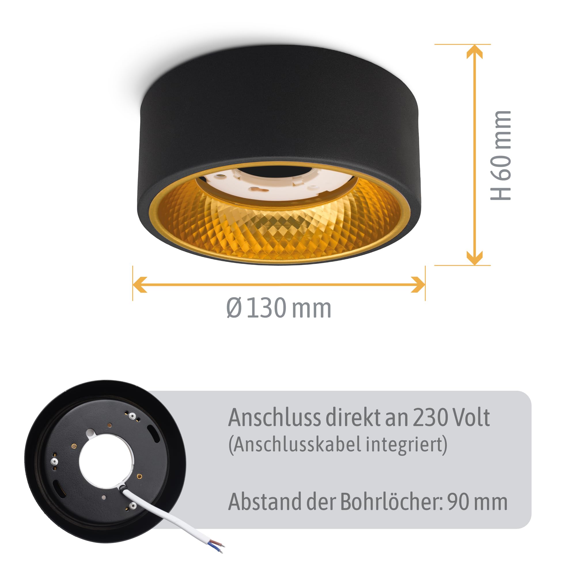 SSC-LUXon OLINO Aufbauspot 4x schwarz Wechselfront gold/silber für GX53 | Vier Aufputz-Spots schwarz mit wechselbarer Front in Gold & Silber - für Flur, Küche & Büro, für GX53 (ohne Leuchtmittel)
