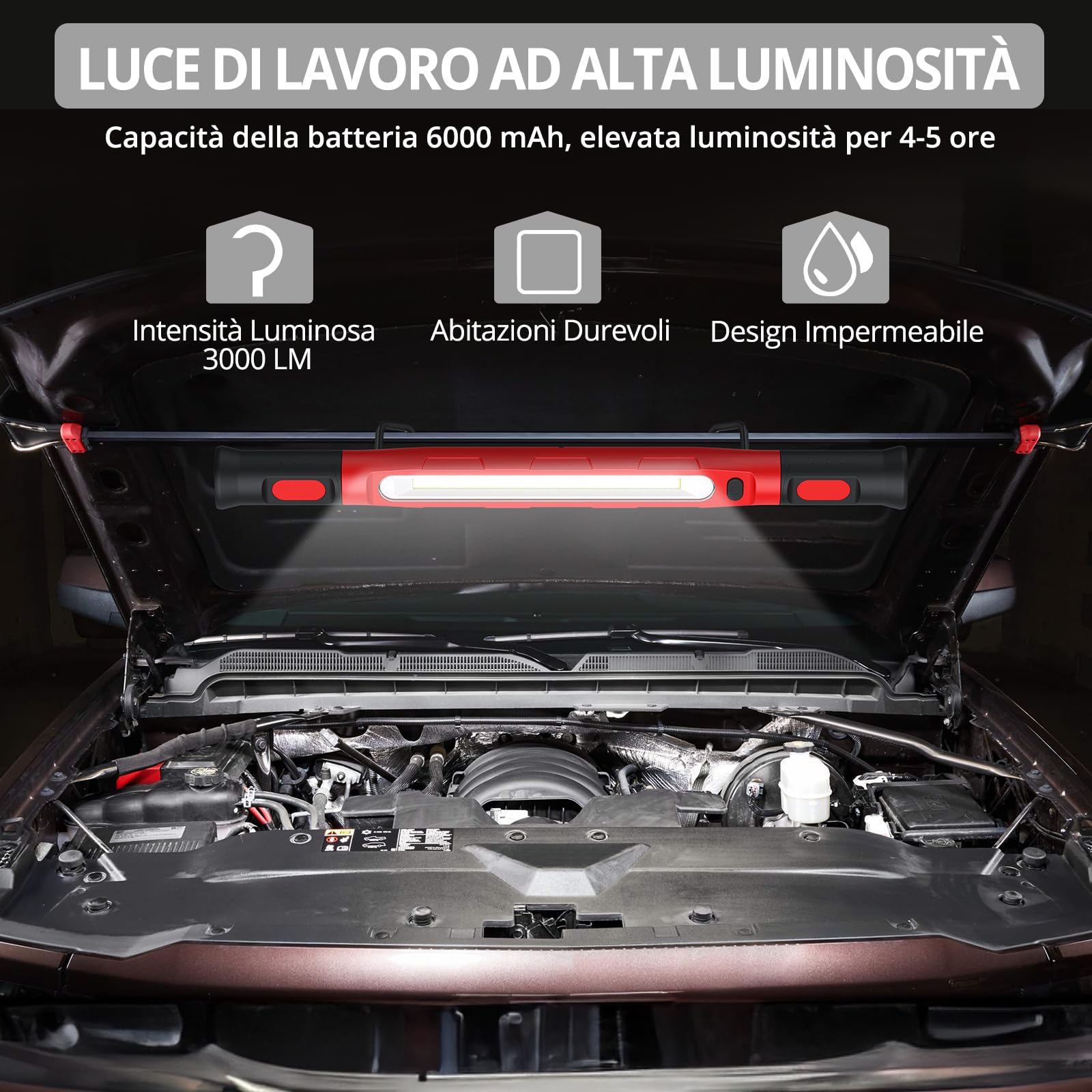 JUSTOOL Lampada da Lavoro LED Ricaricabile 6000 mAh 3000 LM Lampade di Ispezione con Magnetico e Gancio Lampada Girevole per Riparazione Automobilistica con 3 Modalità di Luminosità per Cappa Officina