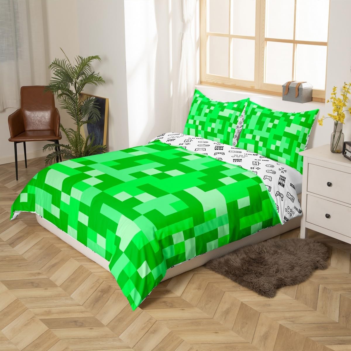 Manfei Pixelated Miners Game Duvet Cover Set Full Size,Video Games Gamepad Gaming Kids Bedding Set,Modern Geometric Square Room Decor,Light Green Quilt Cover,2 Pillowcases(No Comforter) image 5