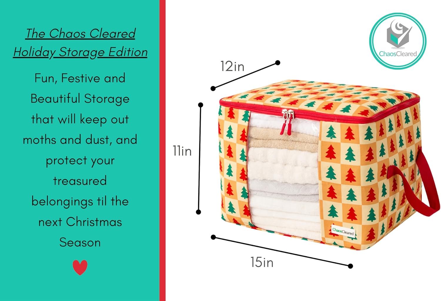 Canvas Storage Bags 2 Pack Designer Clothes Organizer bags for sweaters, clothing, garments, quilt, linens, large folding organizers with zip & window, moth proof space saver - Christmas tree print