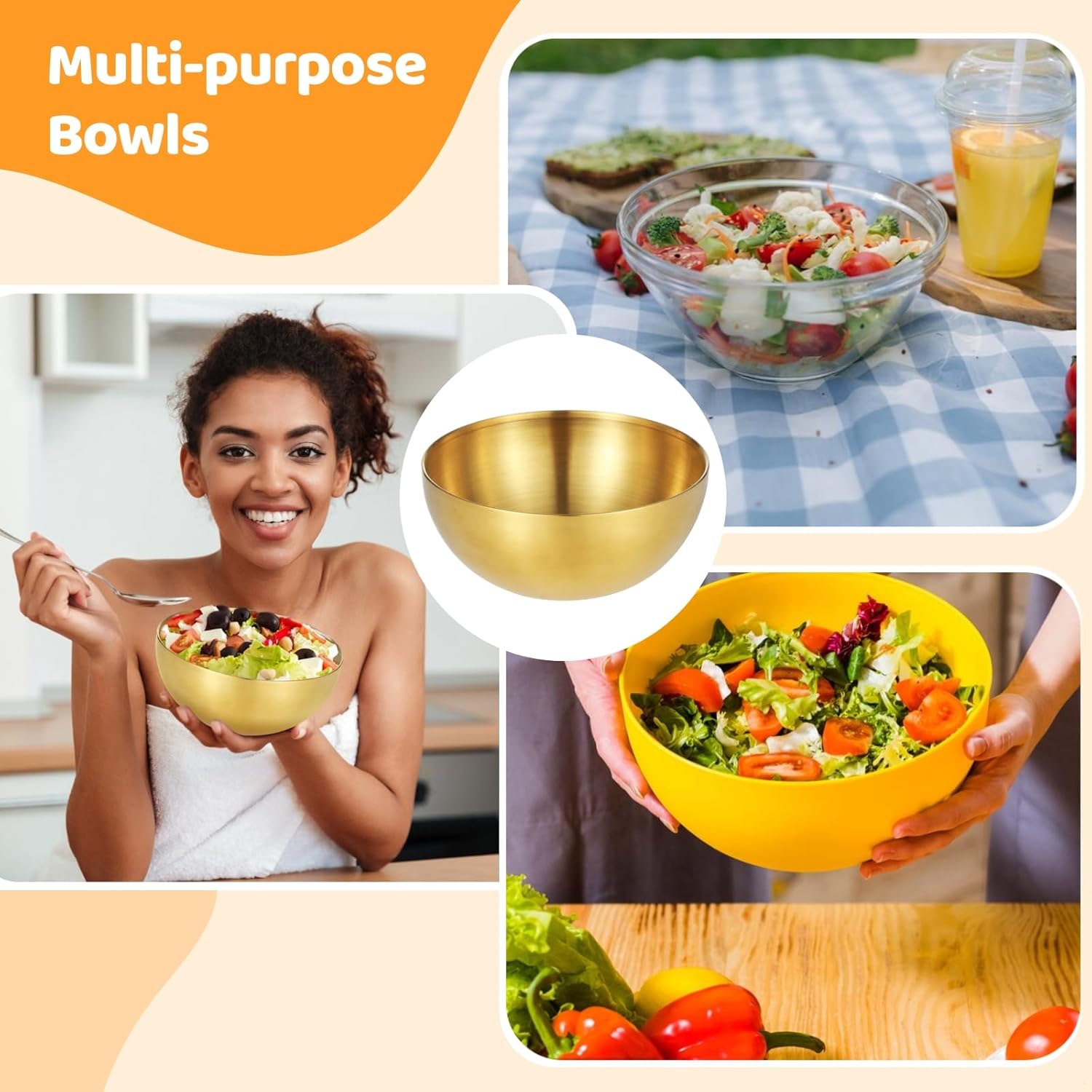 Set of 10 Decorative Gold Stainless Steel Mixing Bowls, 30 Oz Food Serving Bowls for Cereal, Rice, Soup, Snacks