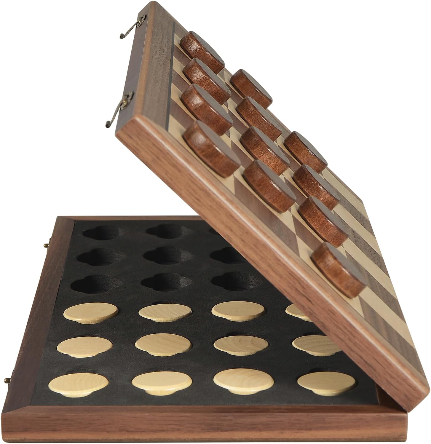 Walnut 15" Magnetic Checkers Board Game Set - Folding Wooden 8x8 Chessboard with 24 Interlocking Pieces, Storage Slots - Family Strategy Game for Beginners & Kids Adults