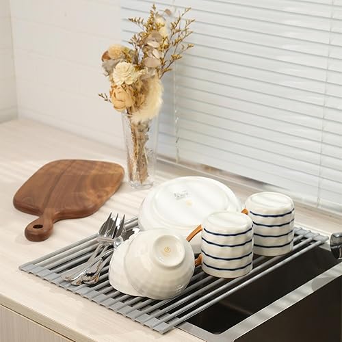 Miniatura 9 de Escurridor de platos enrollable, escurridor de platos antideslizante para encimera de cocina, acero recubierto de silicona, multiusos, ahorro de