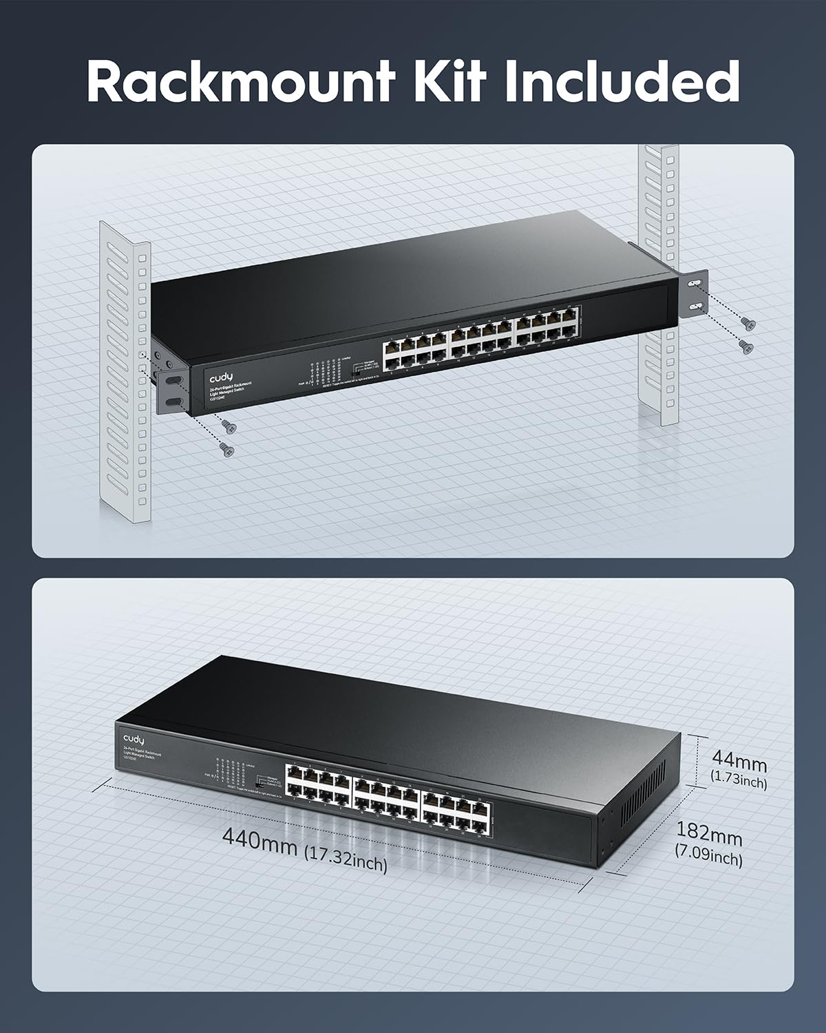 Cudy GS1024E Switch Gigabit Gestionado Ligero de 24 Puertos, Plug & Play, Carcasa Metálica Robusta, Puertos Blindados, QoS, VLAN, IGMP, LAG y Compatible con Montaje en Rack