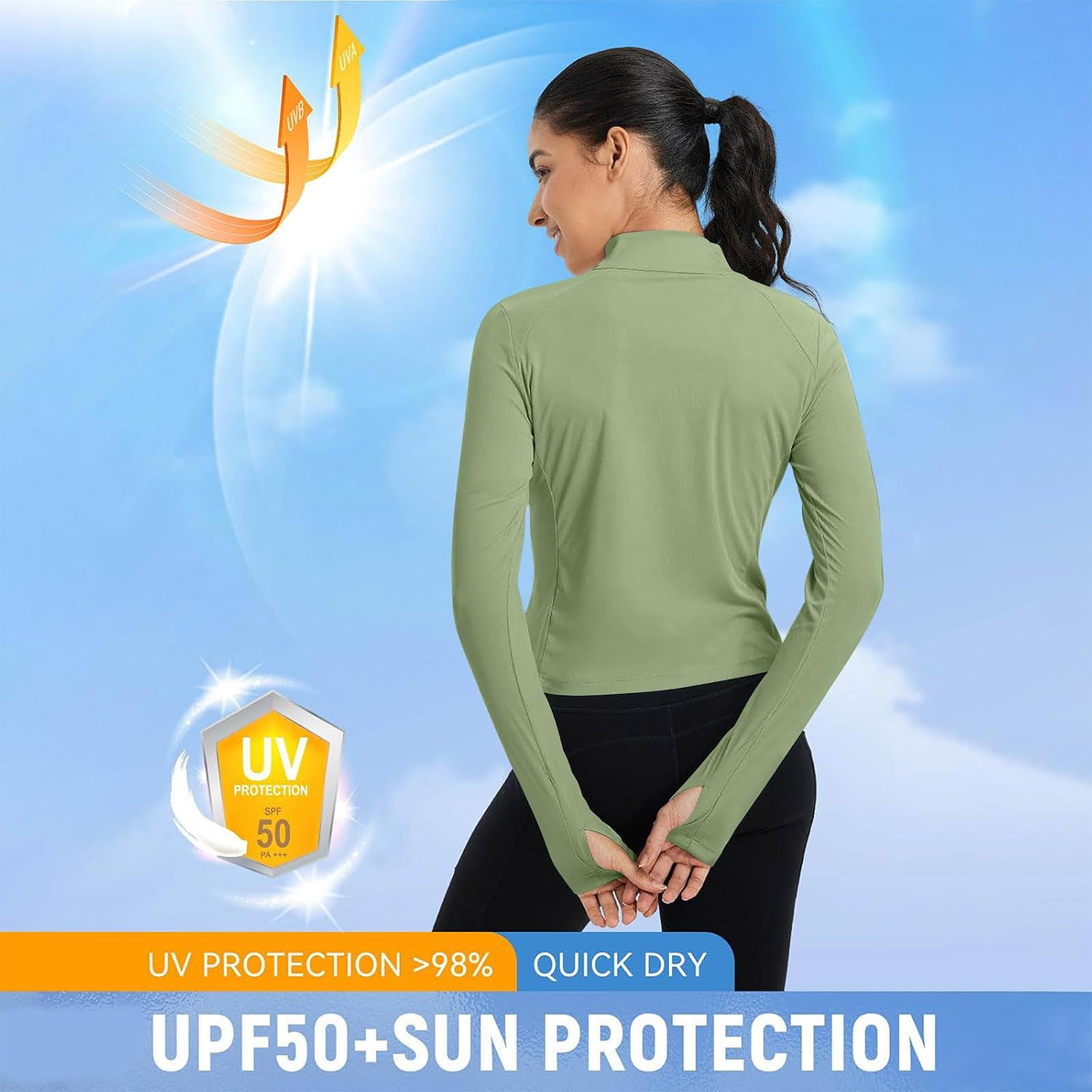 Women's UPF 50+ Sun Protection Tops UV Outdoor Running Crop Jacket Long Sleeve Full Zip Lightweight Rash Guard