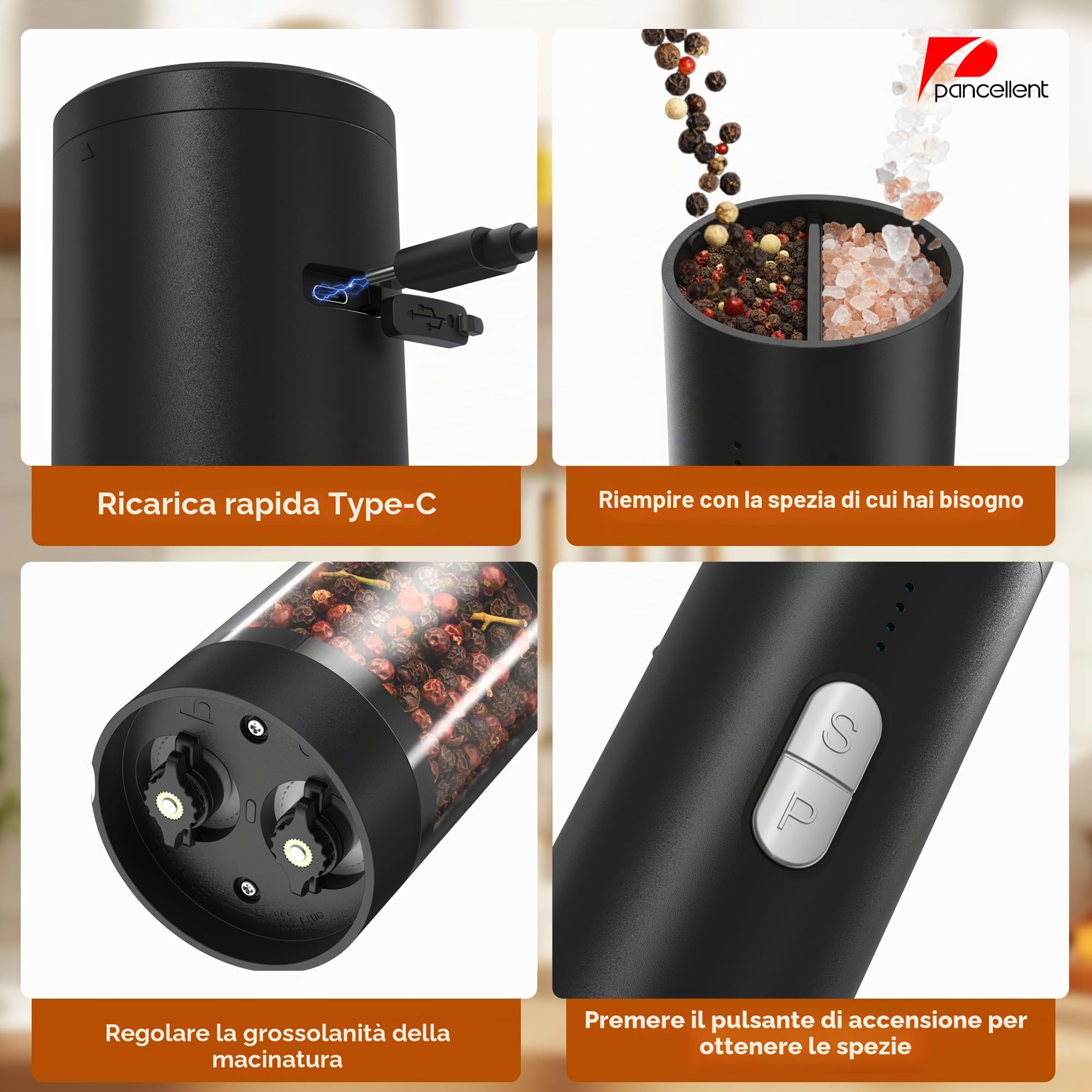 Set macina sale e pepe elettrico 2 in 1 (ricaricabile tramite USB), macina sale e pepe automatico con illuminazione a LED, funzionamento con una sola mano, grana regolabile, perfetto per cucina