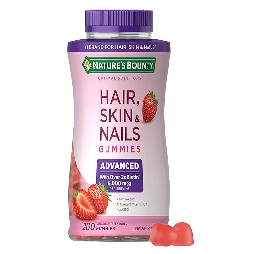 Nature's Bounty Optimal Solutions Advanced Hair, Skin, Nails, 2X Biotin, 200 Strawberry Gummies