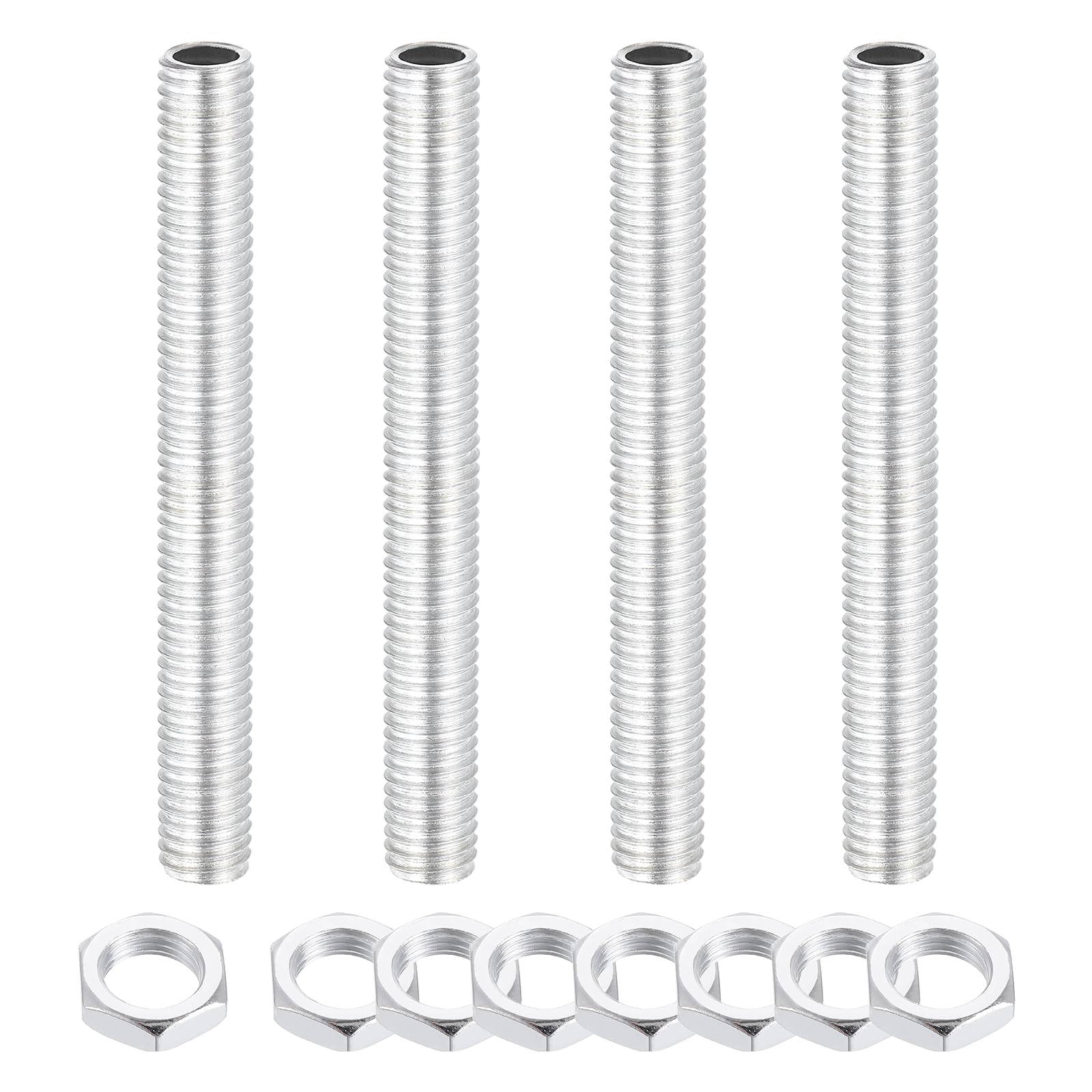sourcing map 4Pcs 90mm Lamp Pipe Nipples Kit with Lock Nuts, M10x1.5 Coarse All Threaded Hollow Tube Lamp Repair Hardware Fasteners for Chandelier Ceiling Lamps Assembly DIY, White Zinc