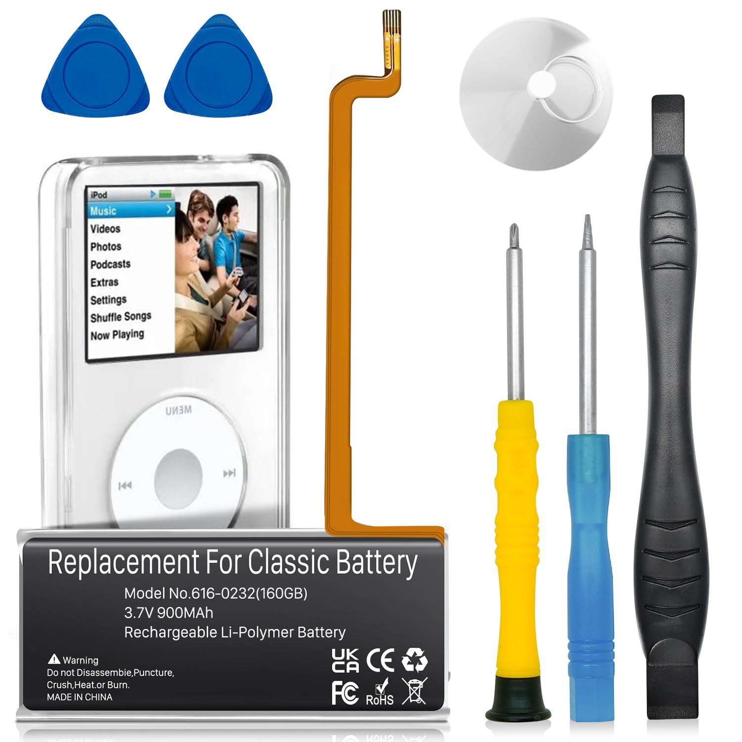 Quzmo 900mAh 616-0232 Battery Replacement Compatible with iPod 5th -7th Generation Video Classic A1136 A1238 (5th 30GB 6th 80GB 6.5th 120GB 7th 160GB) with Repair Tool Kits