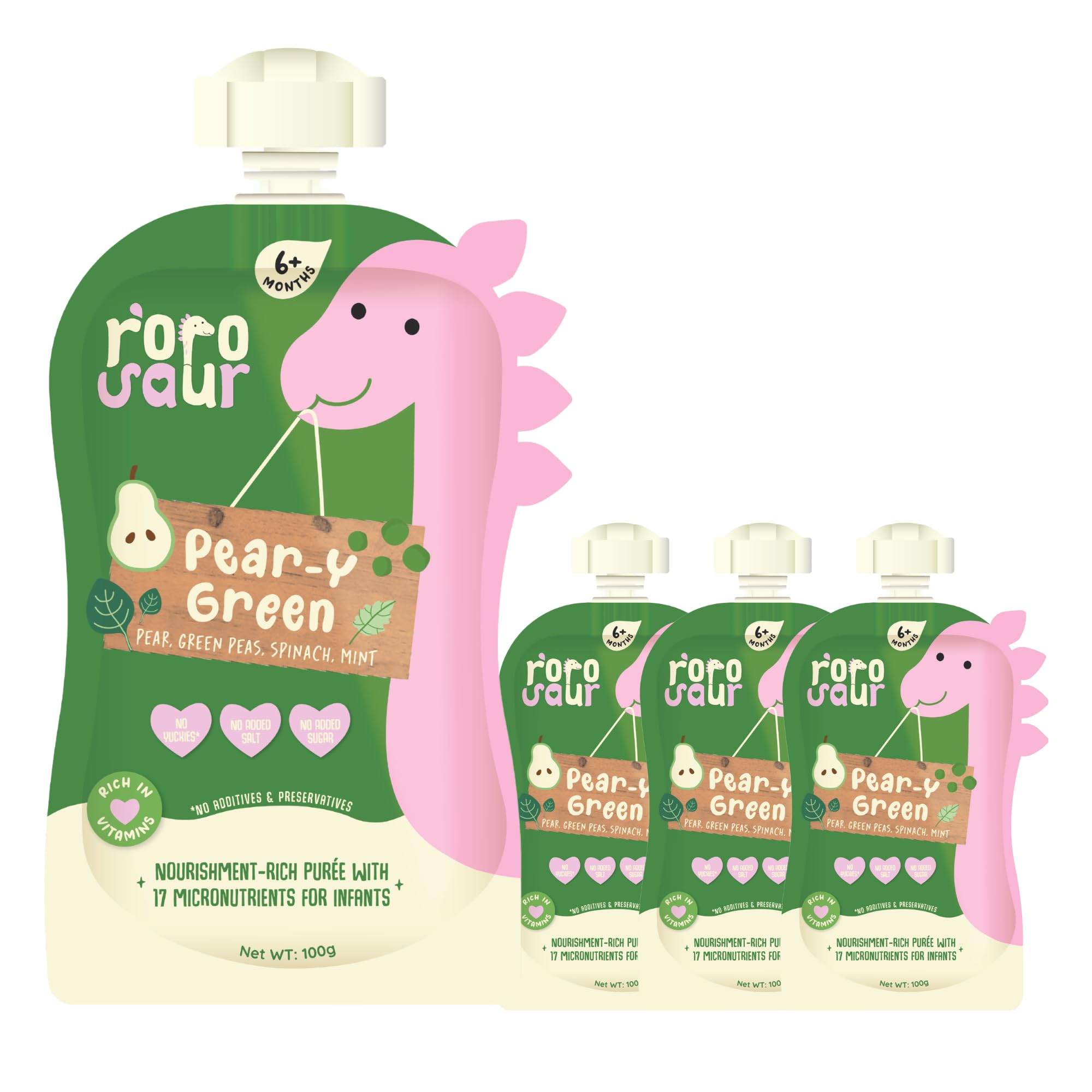 Rorosaur Baby Food Puree Pouch | Spinach, Pear & Peas Puree in Pouch for 6+ Months Baby | 100% Natural Fruit & Veggie Healthy Ready to Eat Food, No Preservatives, No Sugar, No Salt |100g each, Pk of 4