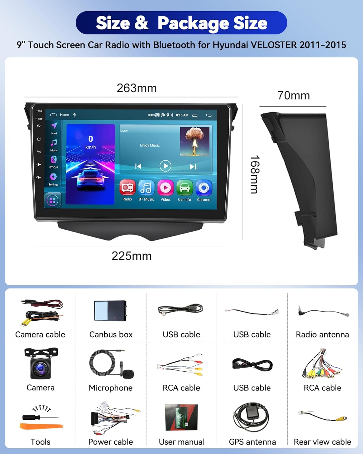 Dimensions of the CAMECHO car radio and a list of included accessories