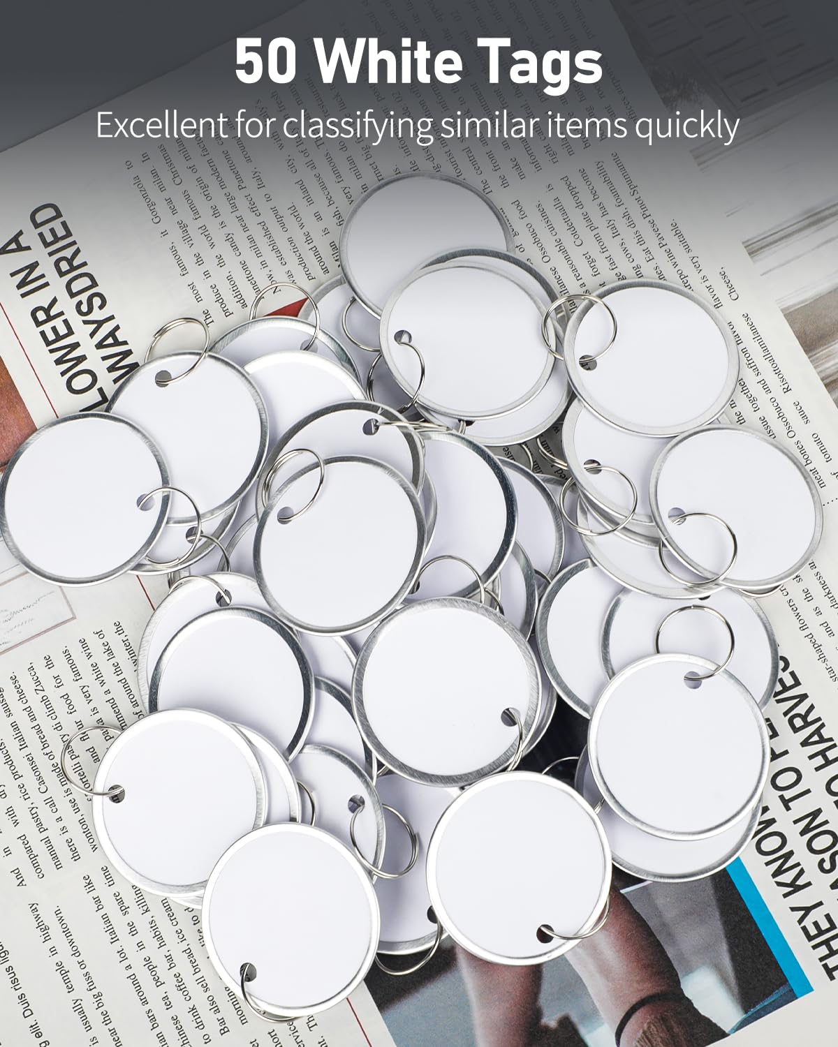 Uniclife 50 targhette portachiavi rotonde da 3,8 cm, etichette in carta bianca scrivibili con bordi in metallo e anelli divisi, robuste e leggere