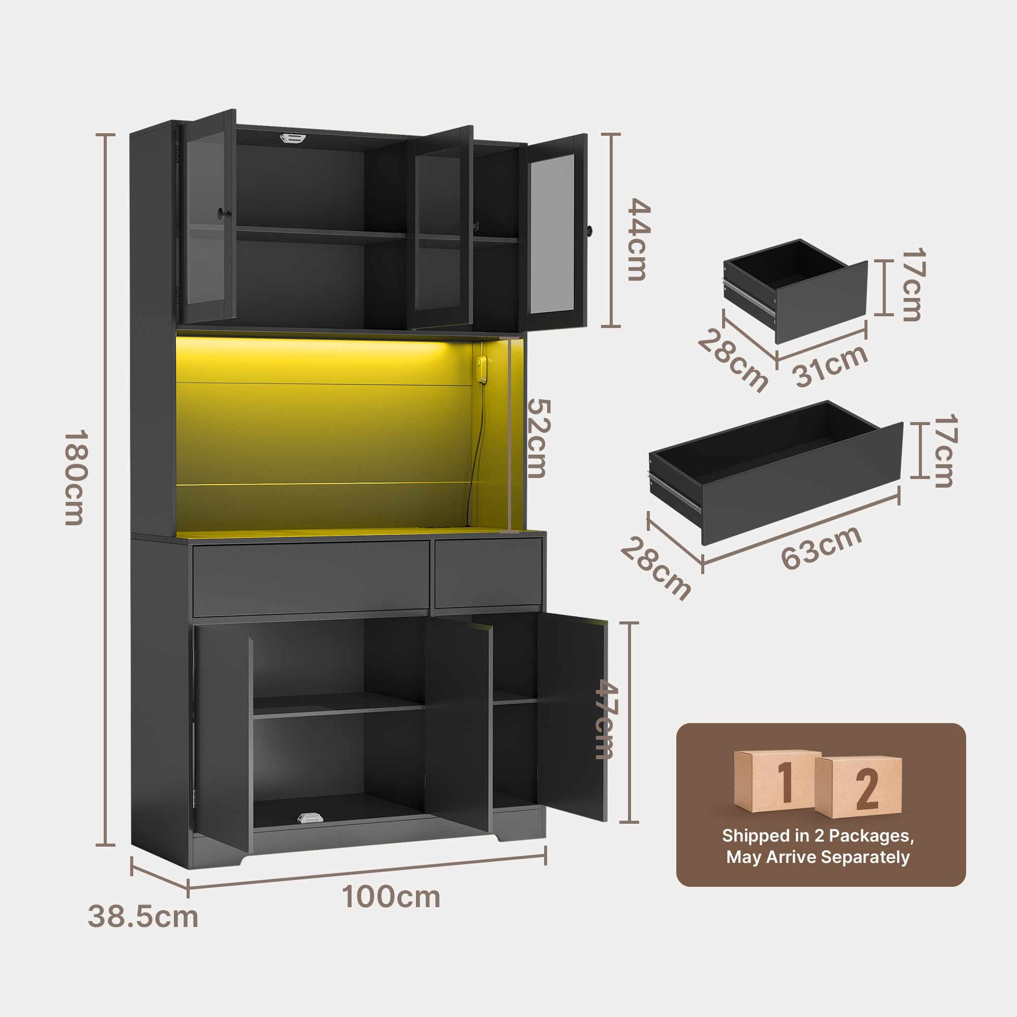 Xbro Credenza Buffet Cucina con Luce LED, Prese di Corrente, Ante in Vetro, 6 Ante e 2 Cassetti, Mobile Dispensa Multifunzione per Cucina, Sala da Pranzo, 100x38.5x180cm