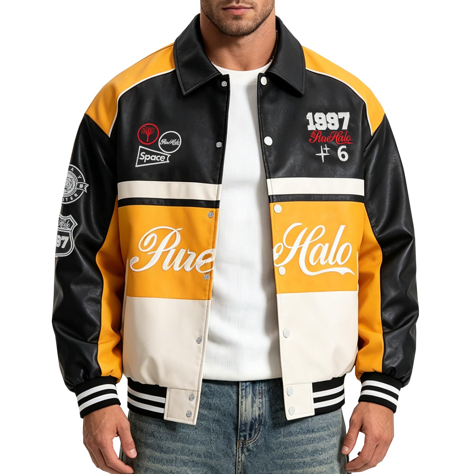 Men's Racing Jacket Faux Leather Race Car Motorcycle Biker Style