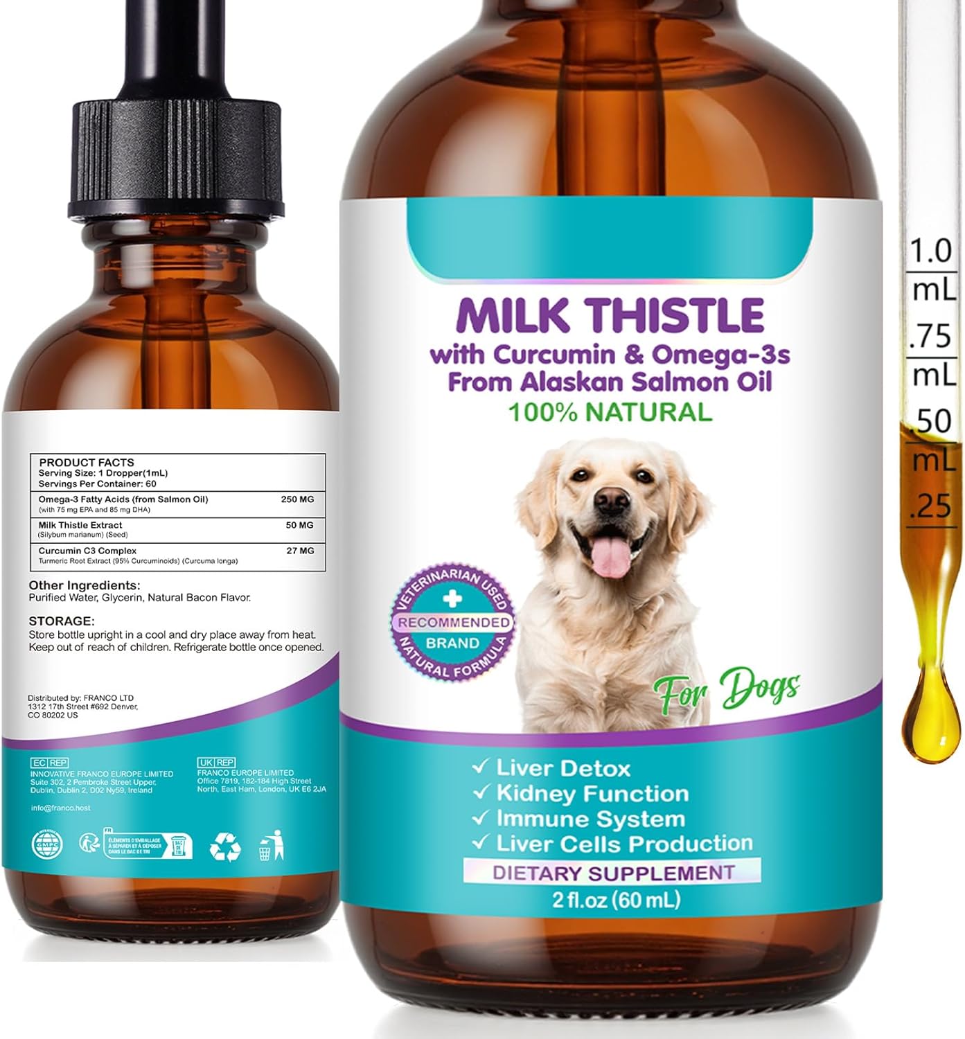 Milk Thistle for Dogs | 60ml Liquid Supplement with Curcumin & Omega-3s | Supports Normal Liver Function, Kidney Health, and Natural Immune Defences | Gentle Botanical Formula for Daily Vitality