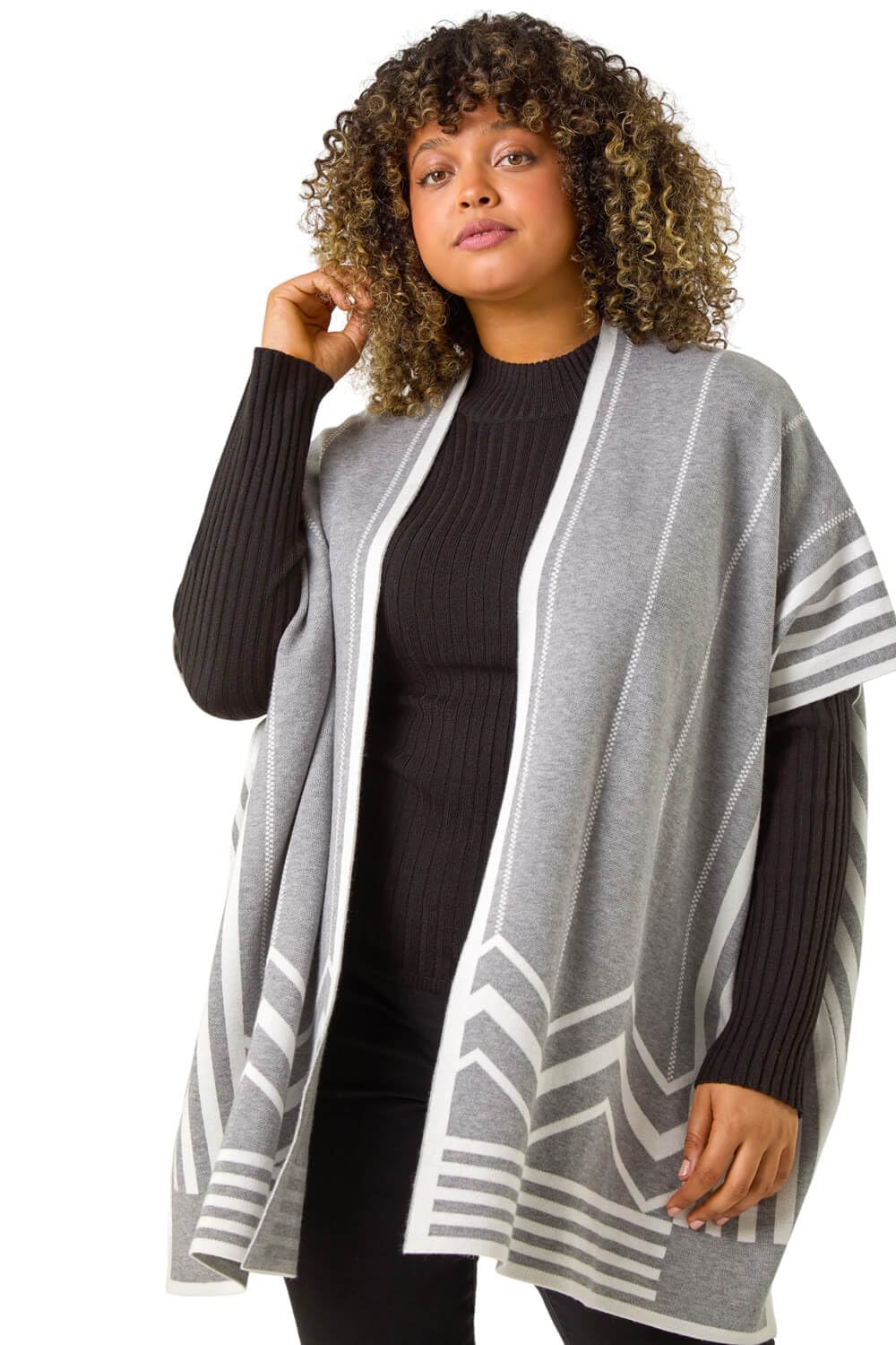 Roman Originals Women's Grey Plus Roman Curve Stripe Hem Square Poncho For Uk - Everyday Autumn Winter Comfy Soft Evening Vacation Work Party Night Out - Size 2224