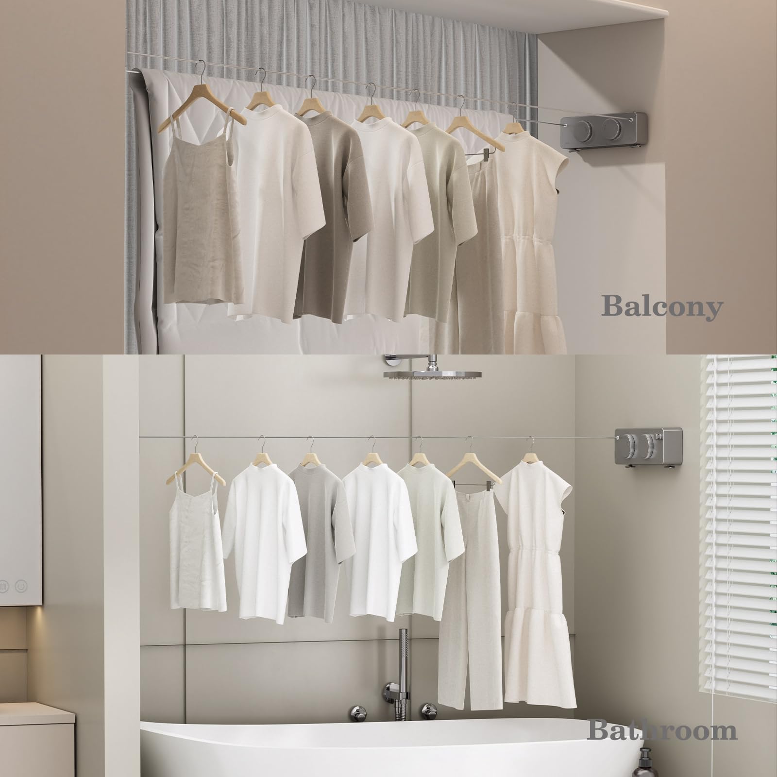 Danpoo Tendedero retráctil, perilla ajustable anticaída, resistente al desgaste, para interiores y exteriores, con alambre de acero inoxidable de 2 x 14 pies, soluciones de secado de pared de