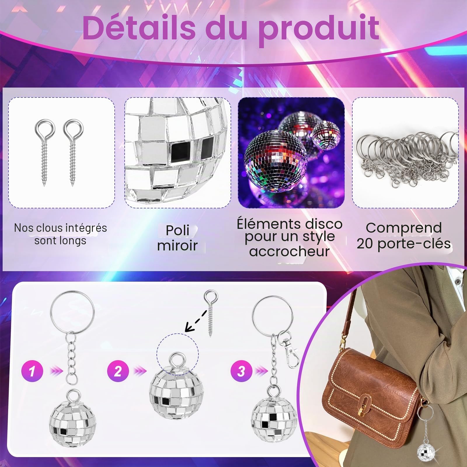 20 Pièces Mini Boule A Facette Anneau Porte Clé, 3cm Mini Boule Disco Anneau De Porte-Cles, Années 70 Argent Boule A Facette Chainette Porte Clé, Disco Ball Porte Clef pour Noël Party Deko