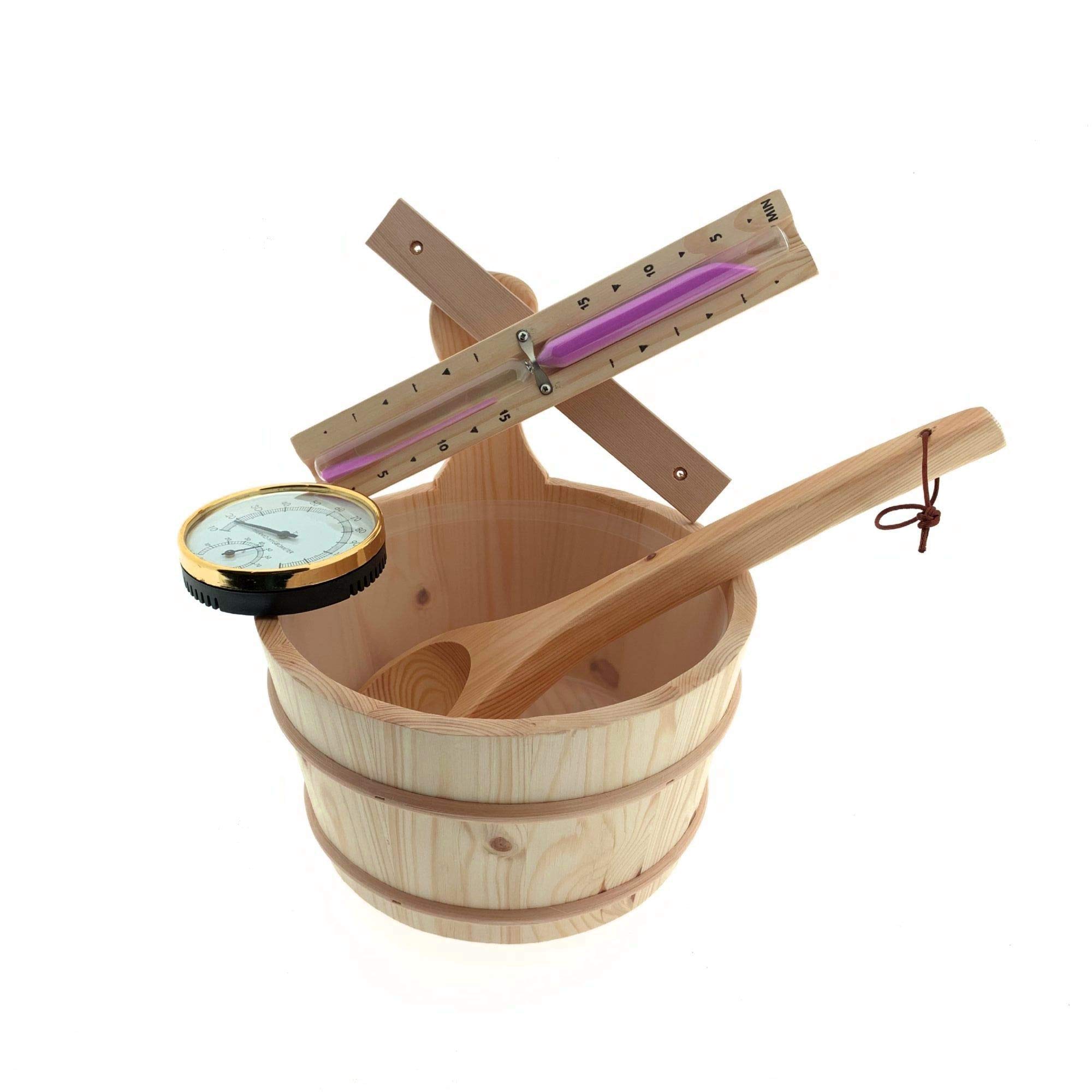Dewello® Sauna Zubehör Set | Saunathermometer, Hygrometer, Sanduhr, Aufguss Eimer & Saunakelle | Das Saunazubehör für Zuhause