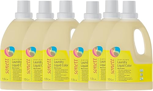 Sonett - Detergentes líquidos orgánicos para ropa, menta y limón (paquete de 6) para todos los textiles de colores, certificados de cultivo orgánico