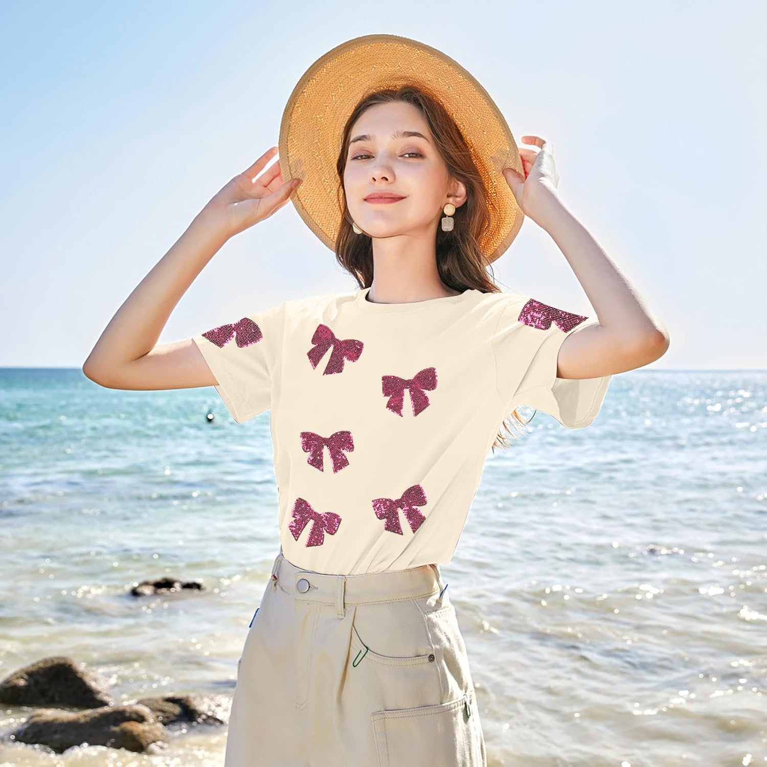 Womens Bow Shirt Coquette Aesthetic Shirts Cute Sequin Graphic Tees Trendy Pink Bow Ribbon Short Sleeve Tee Tops - Image 2