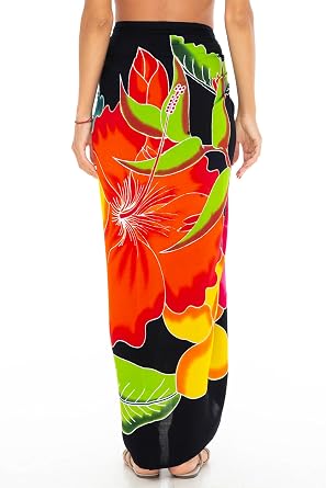 SHU-SHI Womens Hibiscus Floral Sarong Pareo Cover Up Bathing Suit Women Flower Beach Wrap Long Pool Trip Resort Skirt