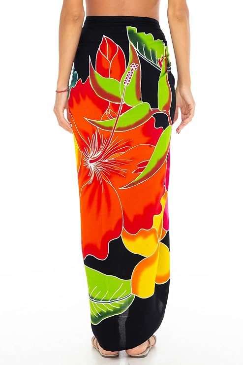 SHU-SHI Womens Hibiscus Floral Sarong Pareo Cover Up Bathing Suit Women Flower Beach Wrap Long Pool Trip Resort Skirt