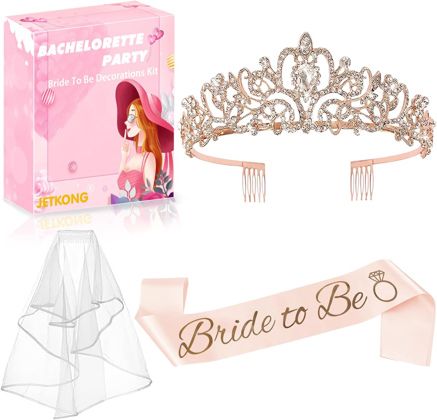 JETKONG 3 Pcs Bachelorette Party Decorations Bridal Shower Crown, Bride to Be Sash&Veil for Women Bachelorette Party Gifts, Bachelorette Party Supplies, Gifts, Favors (Rose Gold)