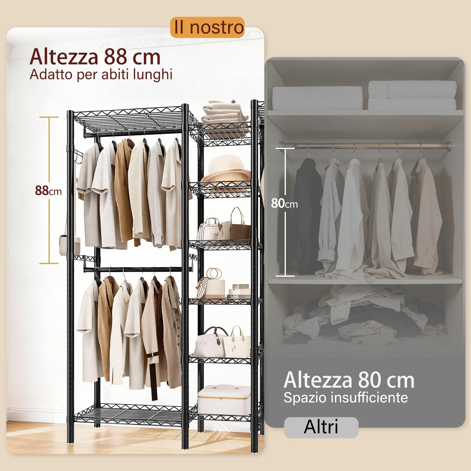 AQRA Appendiabiti da Terra Metallico, Armadio Aperto Cabina Componibile | 3 aste per abiti, ganci laterali, portata massima 372kg, dimensioni 144×42×193cm