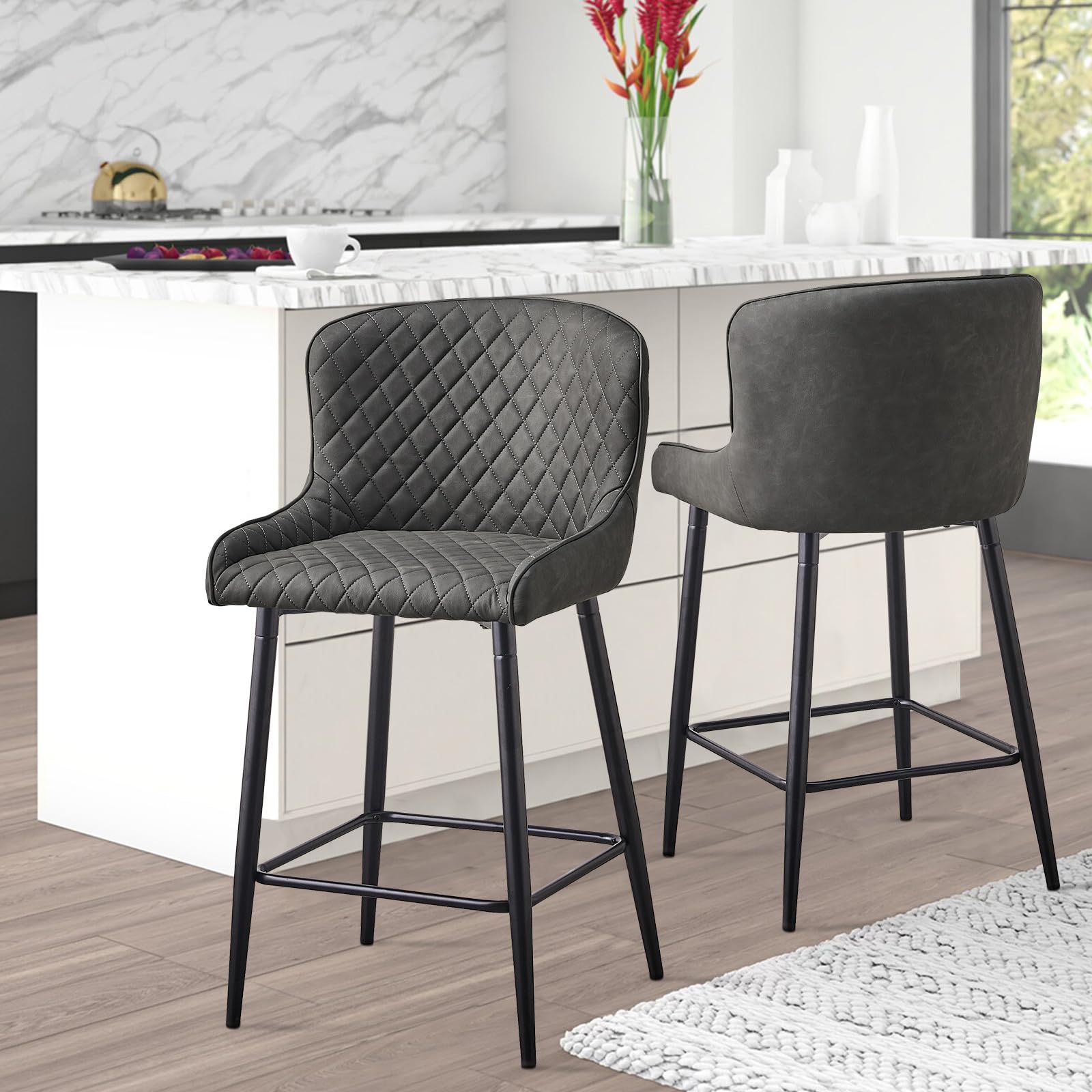 LEMROE Faux Leather Kitchen Counter Barstools Set of 2 Upholstered Island Bar Chair High Stool for Breakfast with Metal Legs Ergonomic Backrest Armrest (Grey, Faux Leather)