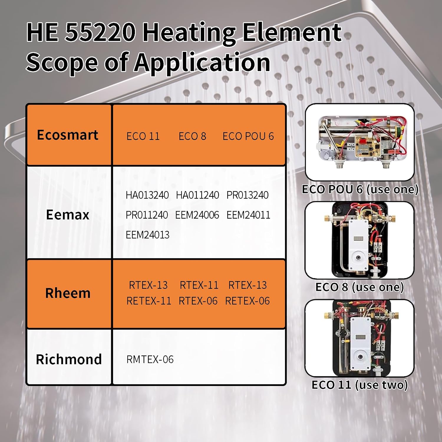 HE 55220 Water Heating Element, Electric Tankless Water Heater Element for EcoSmart ECO POU 6 ECO 8 ECO 11, For Rheem Eemax Richmond Electric Water Heaters 5500W (2 Pack)