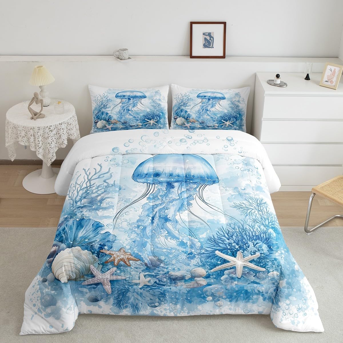 Feelyou Kids Blue Ocean Theme Jellyfish Comforter Set,Underwater World Jellyfish Bedding Set Queen Size,Ocean Beach Comforter,Jellyfish Coral Bed Set for Boys Girls