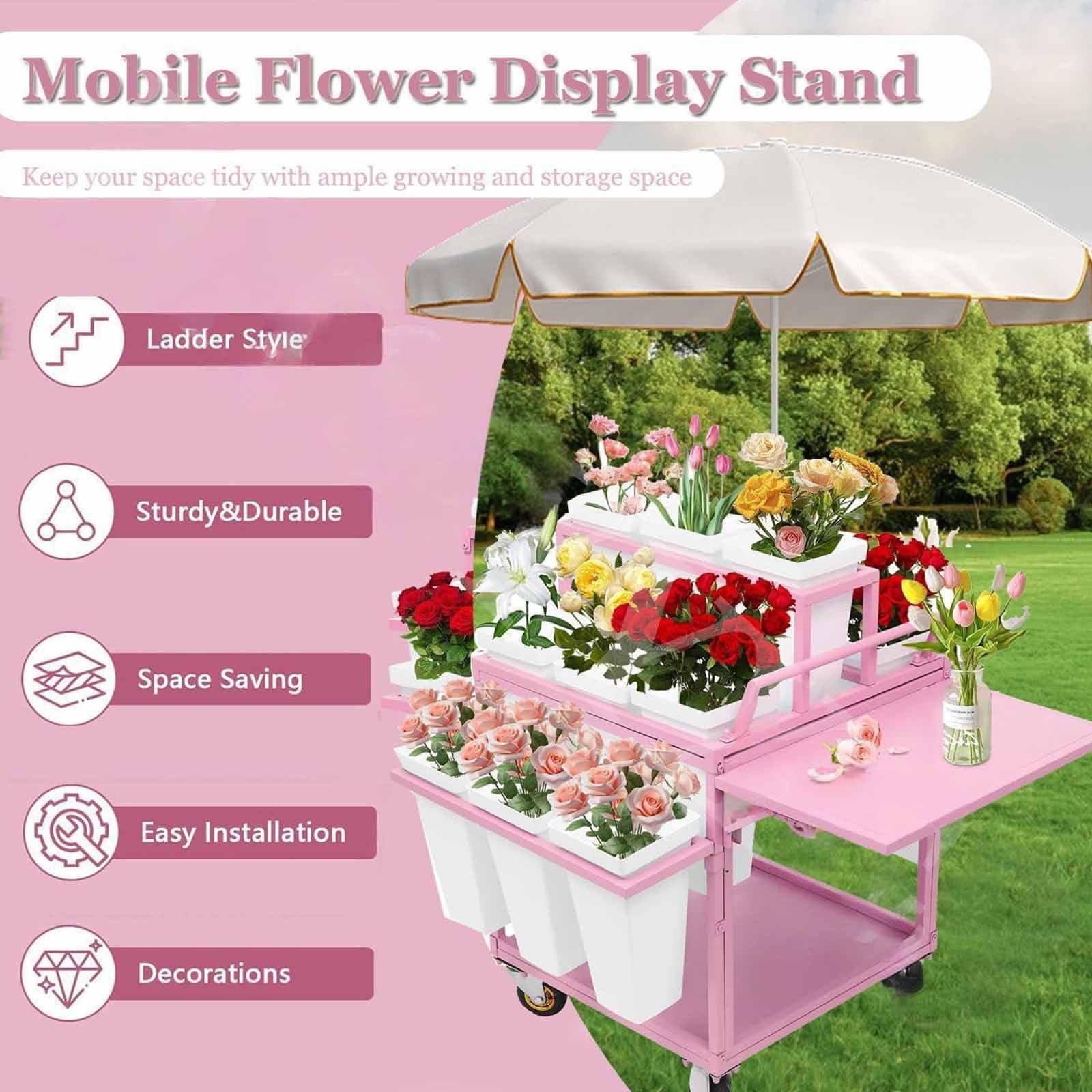Este Soporte metálico para exhibición de Flores al Aire Libre con Soporte para Flores con 18 Cubos, Soporte para exhibición de Flores con Ruedas, Carrito de Flores para floristería, Patio y