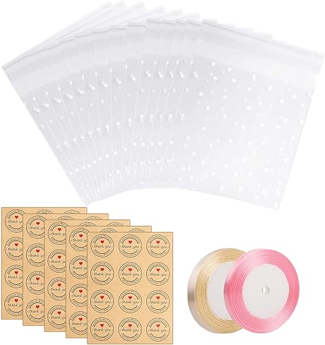 Miniatura 1 de Juego de bolsas autoadhesivas para galletas, 200 bolsas de plástico con lunares blancos y 204 etiquetas de agradecimiento y 2 rollos de cuerda de