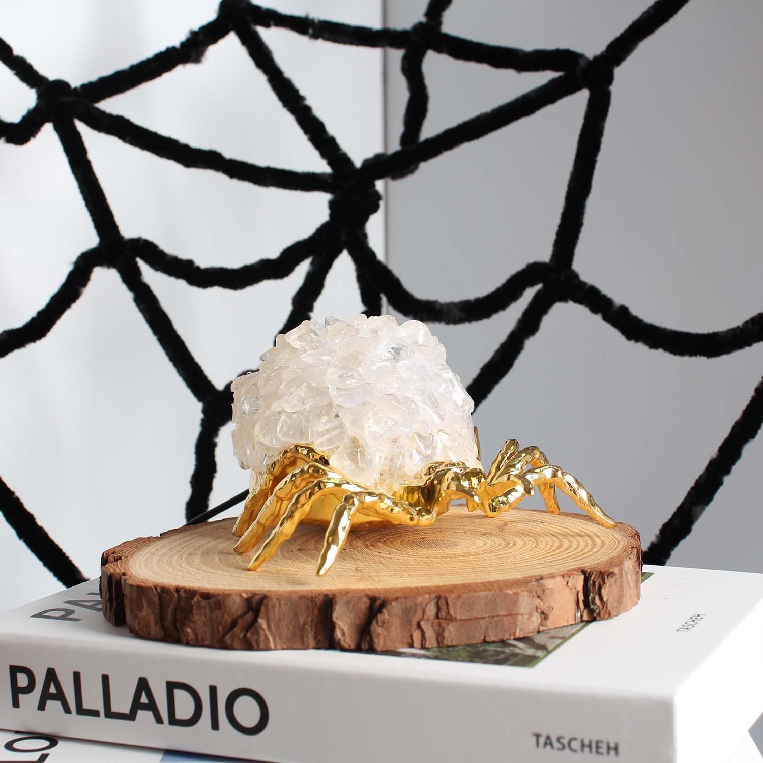White Crystal Spider Table Lamp USB Powered Decorative Lamp with Gemstone Shell and Bronze Metal Base, Healing Stone Accent Light for Home, Office
