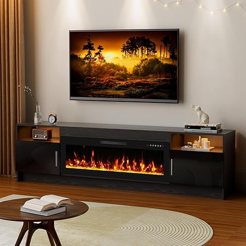 80'' TV Stand with 42''Fireplace-Black Entertainment Center for 90 inch TV- TV Cabinet with LED Light, Storage, High Glossy Door, Modern TV Console for Living Room