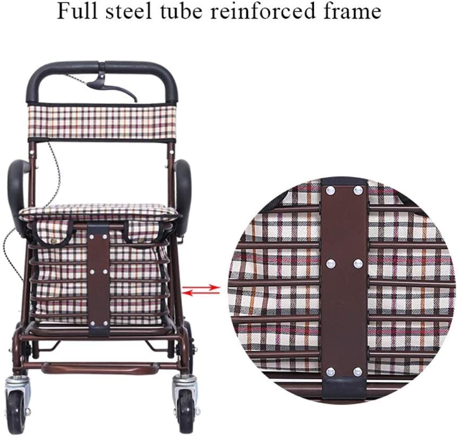 Rollator Walker - Carrito de la compra para ancianos, andador, casual con asiento, plegable ajustable de tres pasos, cuatro ruedas de alta capacidad