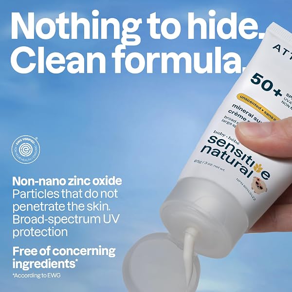 ATTITUDE Sensitive Skin Baby Mineral Sunscreen SPF 50, Broad Spectrum Zinc Oxide, EWG Verified, Mineral-Based, Non-Nano, Lightweight Cream for Face & Body, Unscented, 80 grams - 3