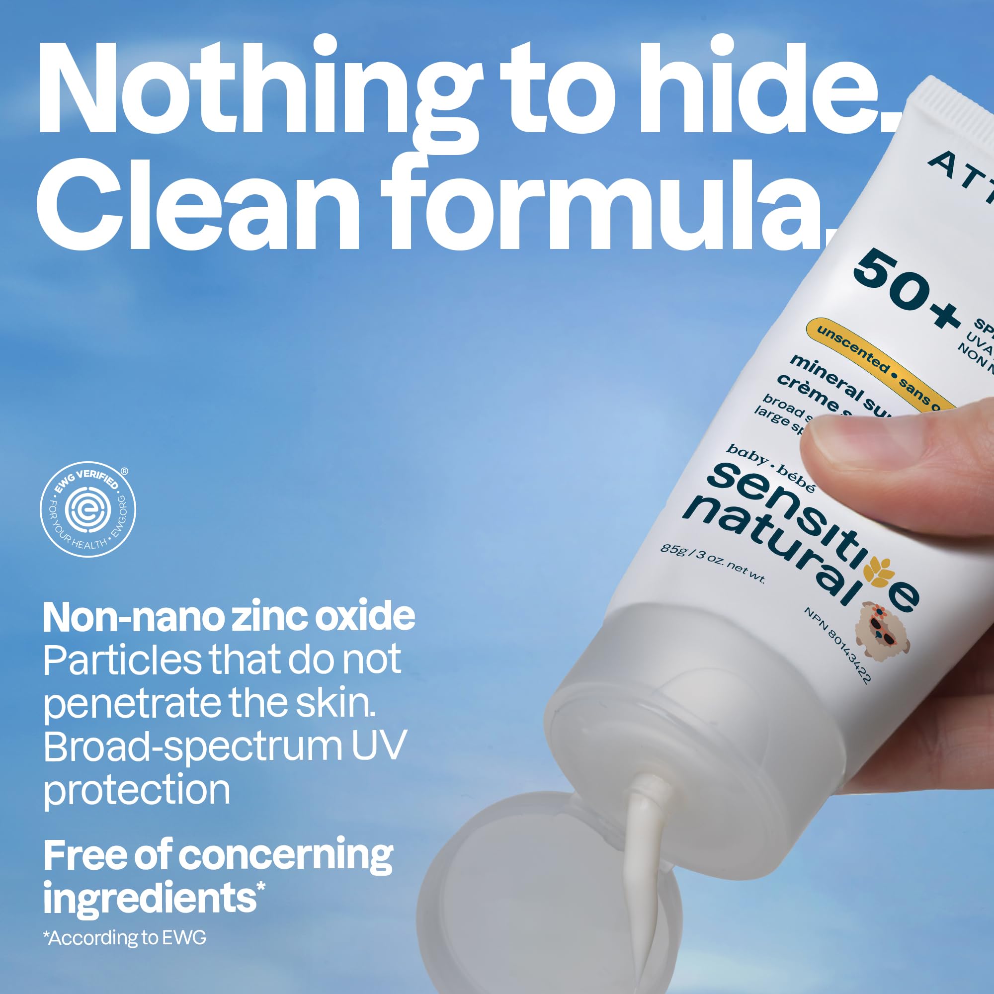 ATTITUDE Sensitive Skin Baby Mineral Sunscreen SPF 50, Broad Spectrum Zinc Oxide, EWG Verified, Mineral-Based, Non-Nano, Lightweight Cream for Face & Body, Unscented, 80 grams - 4