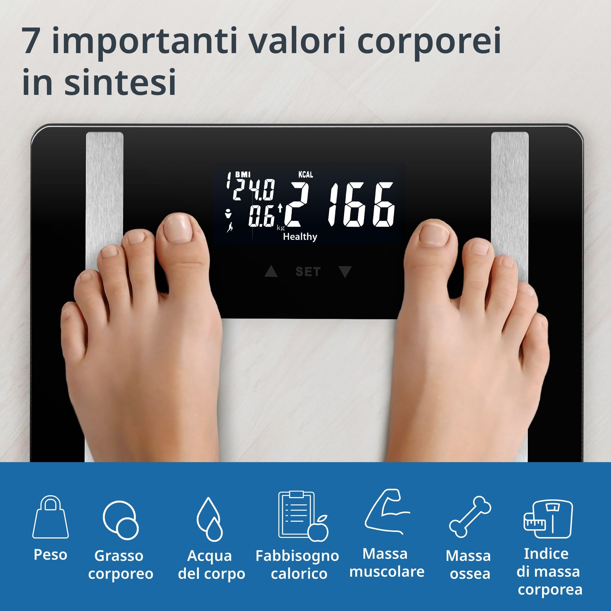 ADE Bilancia pesapersone impedenziometrica | bilancia digitale per grasso corporeo, BMI, massa muscolare, acqua corporea, peso, BMR | capacità di carico elevata di 200 kg | nero