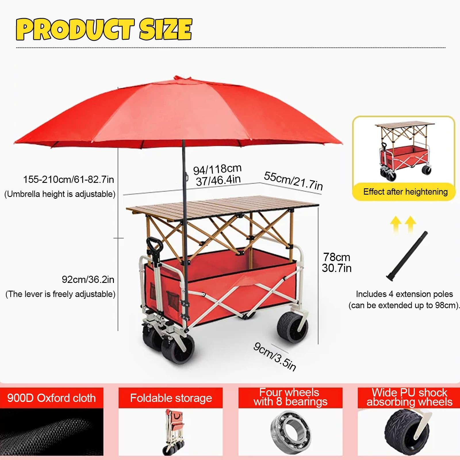 HARELA Genérico Puesto De Mercado con Toldo, Carrito de Comida callejera con Ruedas, Puestos Plegables for la Venta en el Mercado(Black,118cm/46.4in)