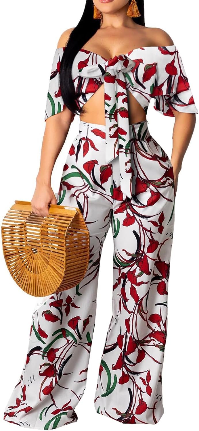 sexycherry Two Piece Outfits for Women Beach Bandage Crop Top Long Straight Pants Vacation Swimwear Cover Ups Sets