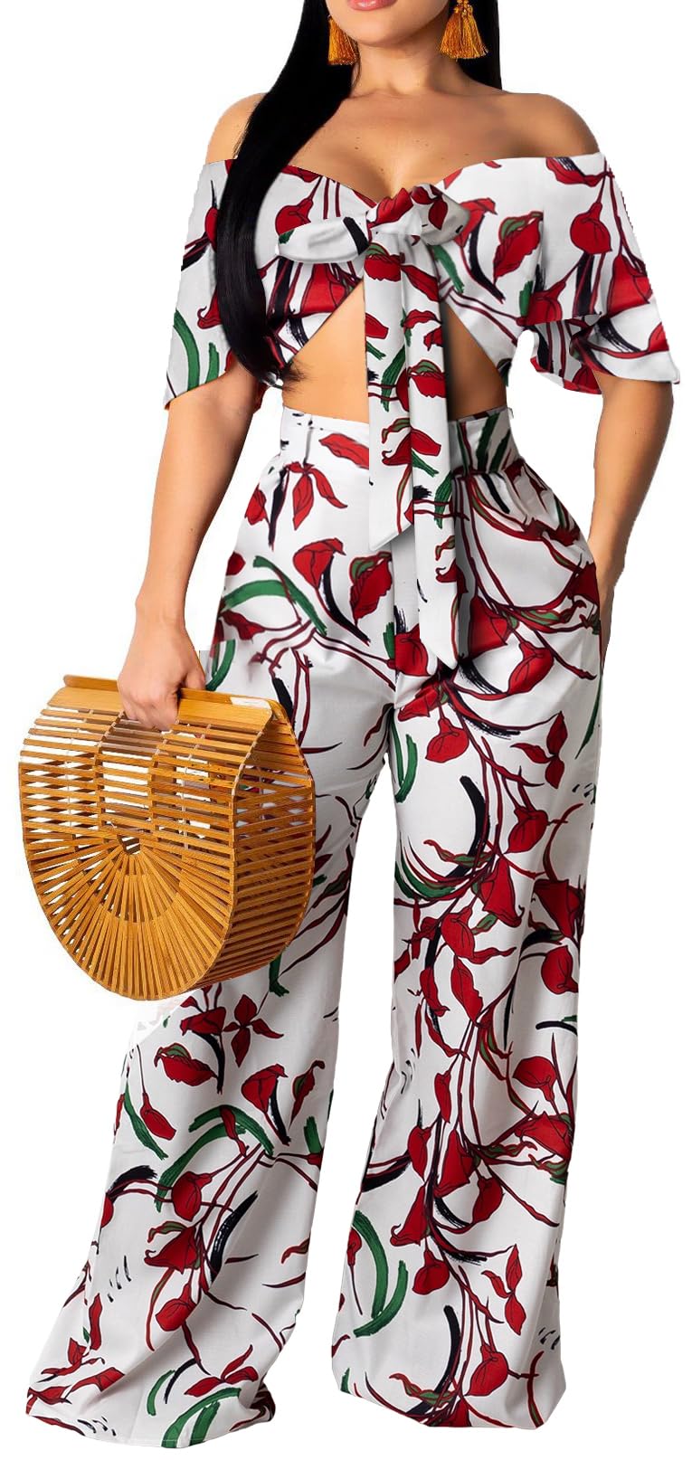 Elegant Two Piece Sets for Women Sexy Short Sleeve Top Long Straight Pants Beach Vacation Outfits