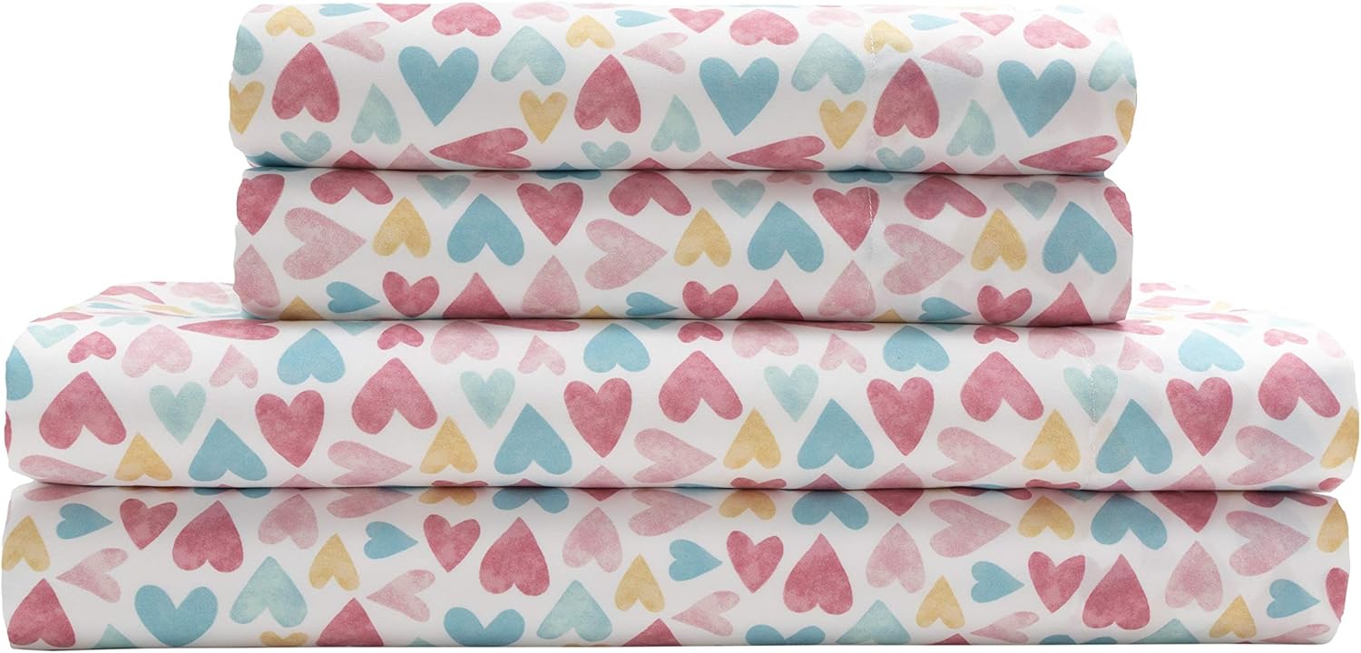 MALLARY BY MATTHEW Kids Super Soft-Soft 100% Microfiber Print Sheet, Watercolor Hearts Print, Queen