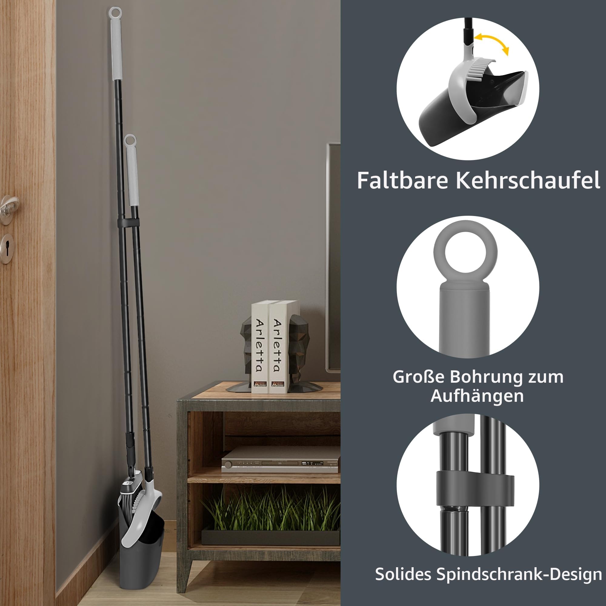JEHONN Besen und Kehrschaufel Set mit Langem Stiel 138 cm, 180 Grad Drehbar Camping Kehrbesen Innen und Schaufel für Vorzelt, Haus, Büro, Lobby, Terrasse (Schwarz & Grau)