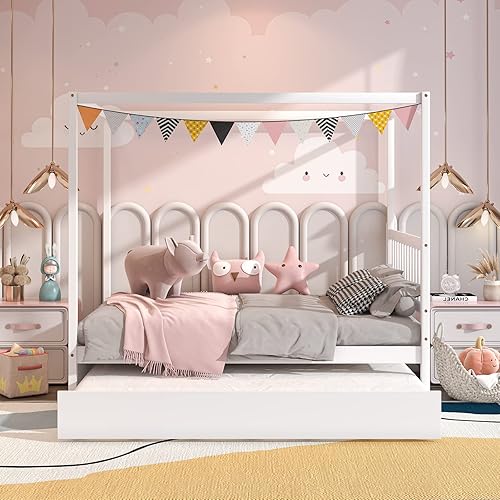 Miniatura 14 de KOMFOTT Cama individual con nido, marco de cama de plataforma de madera maciza, cama para niños con techo para niñas y niños, no necesita somier,