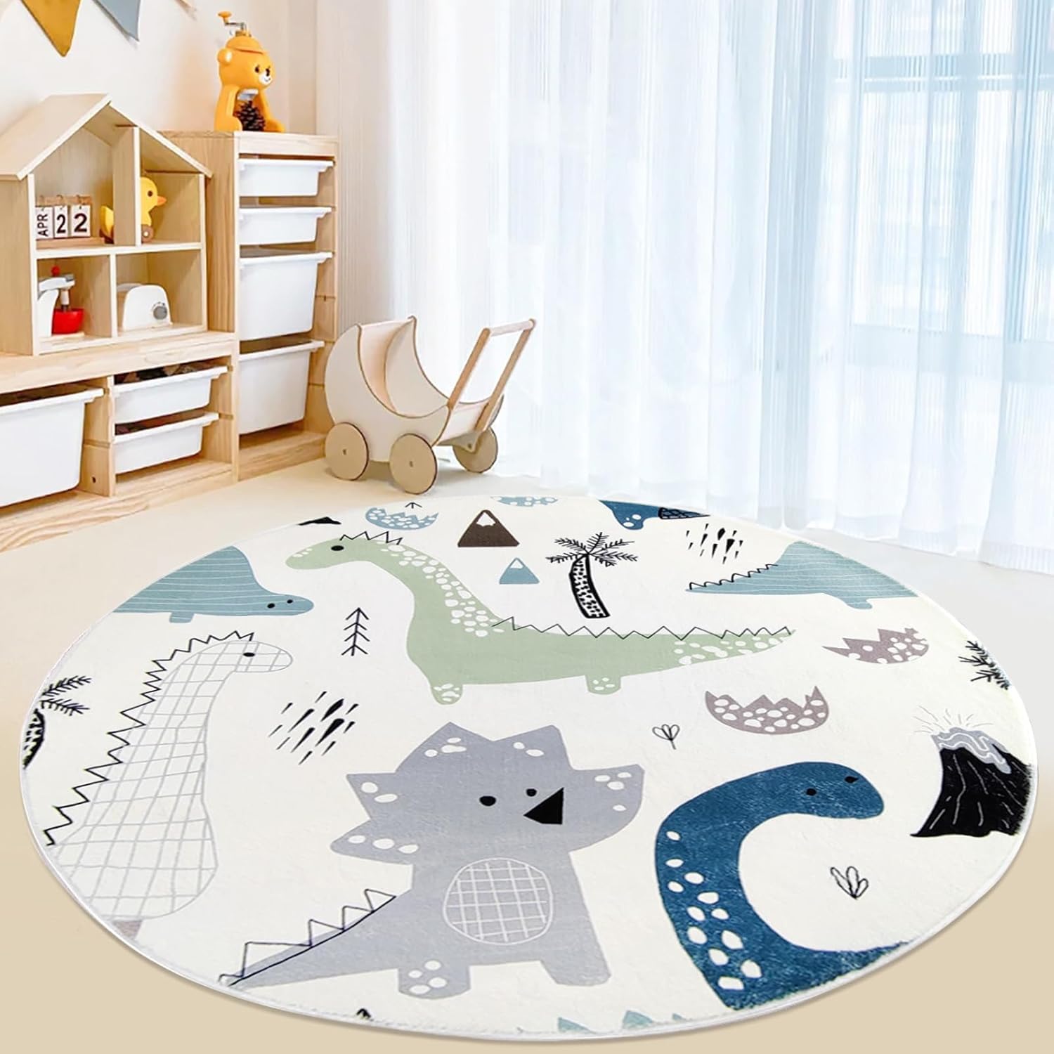 USHIRUG Cute Dinosaur Round Area Rug, 160cm Abstract Graffiti Cartoon Tyrannosaurus Rex Volcano Design, Creative Kid Play Rug, Non-Slip Plush Fluffy Soft Round Floor Mats for Boys Girls Teenagers